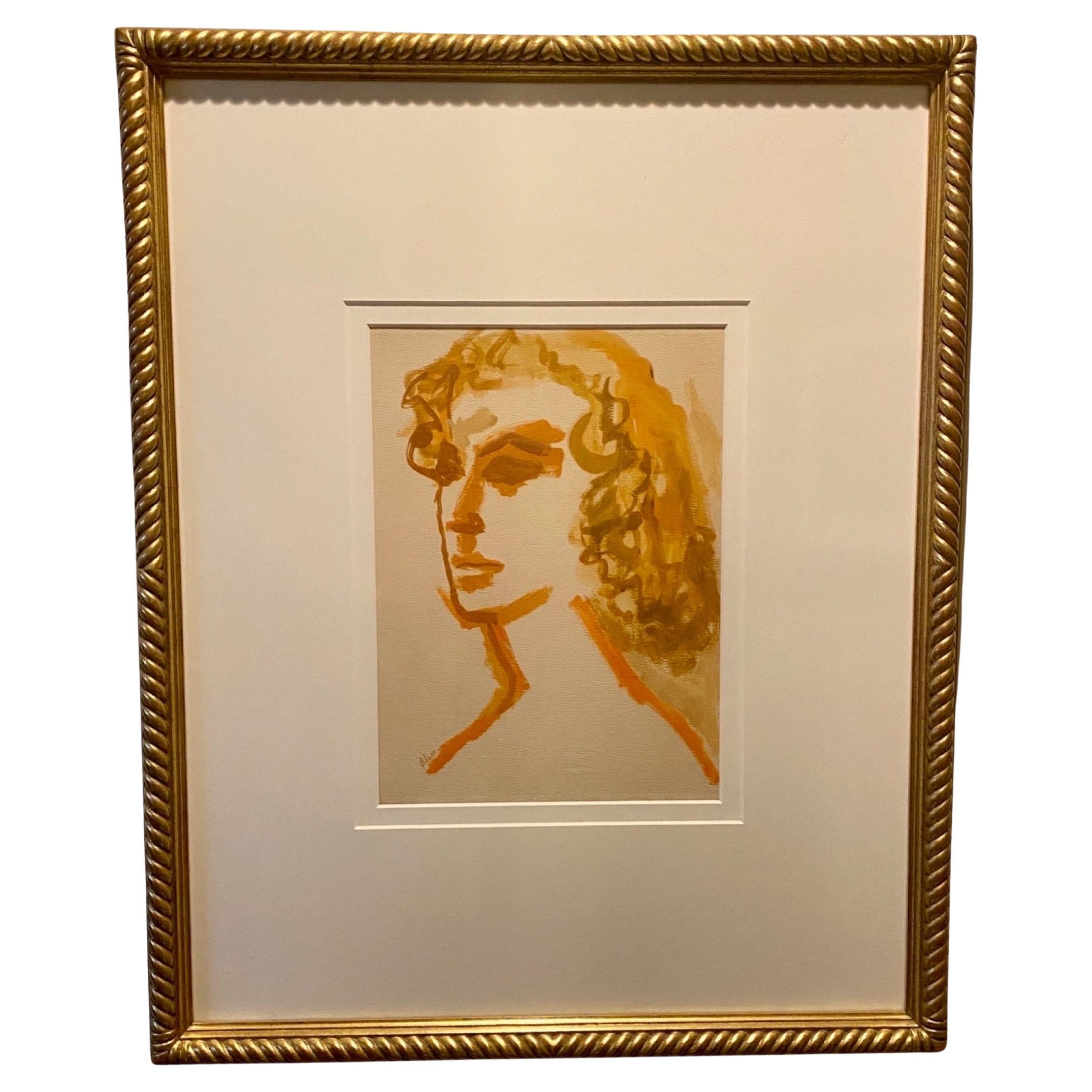 Portrait moderne d'une femme - Grande peinture originale avec cadre en feuille d'or aux tons orange