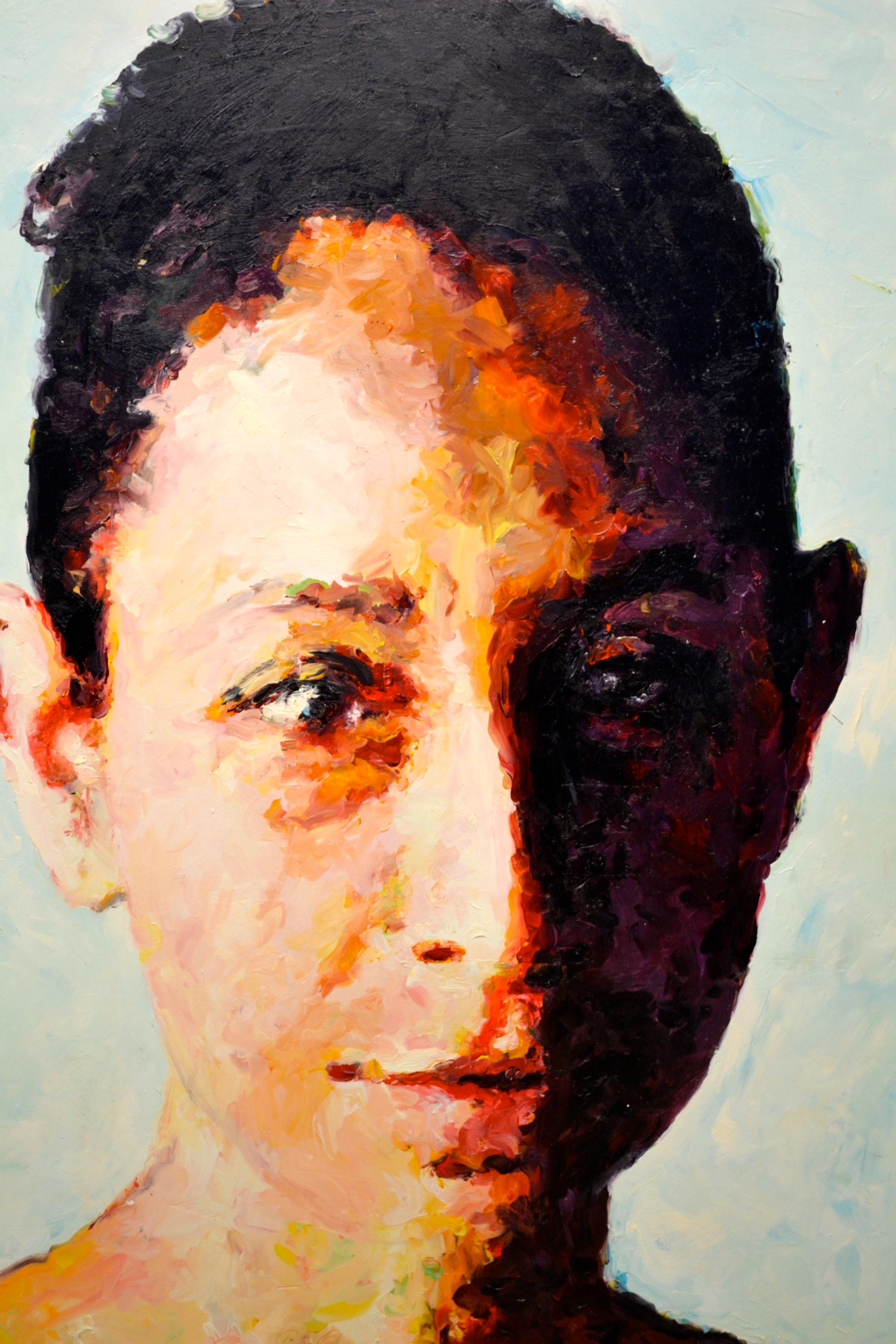 Porträt einer Frau, deren Gesicht zwischen Licht und Schatten gespalten ist, mit dem Titel Chilanga #1, ausgeführt in Enkaustik und Mischtechnik auf Leinwand, die auf ein Brett gelegt wurde. Signiert und datiert 07. Auf einem Aufkleber verso