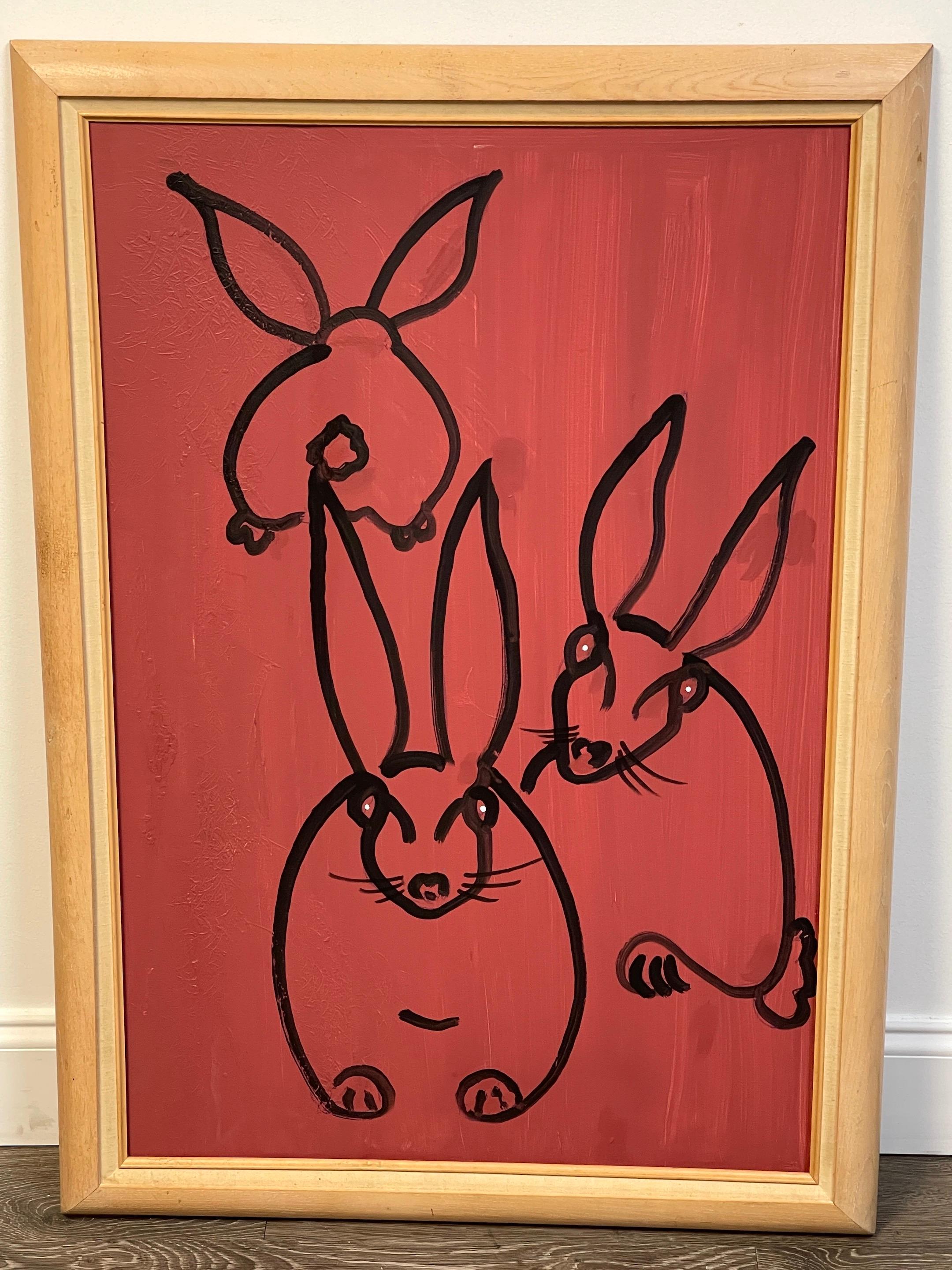 Modern Portrait of Three Rabbits, in the style of Hunt Slonem
USA, 20th century
Oil on canvas 
A whimsical portrait study of three seated rabbits in fuchsia background. 
This work is unsigned 
Measures: Canvas 36-inches high x 24-inches wide