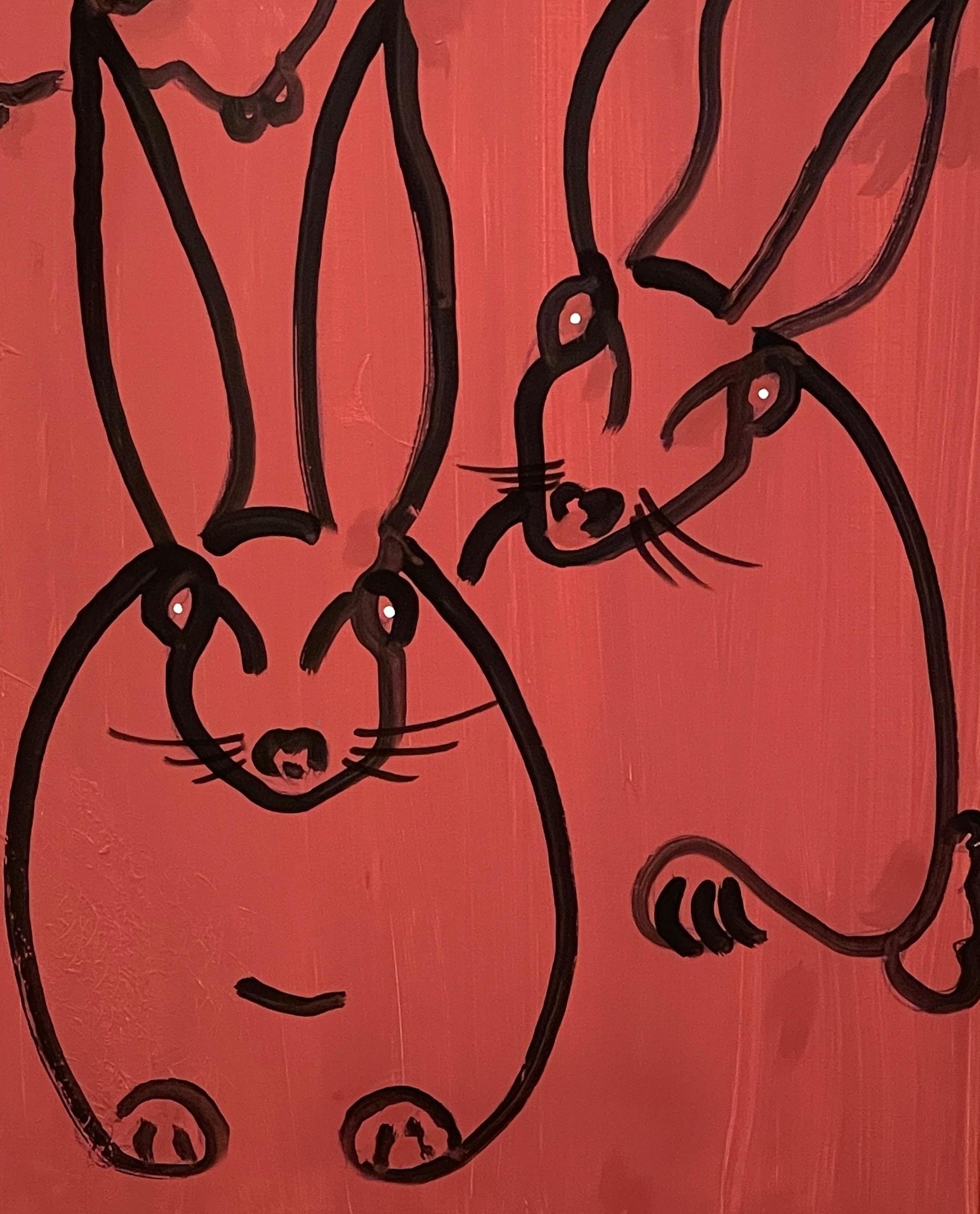 Hand-Painted Modern Portrait of Three Rabbits, in the Style of Hunt Slonem For Sale