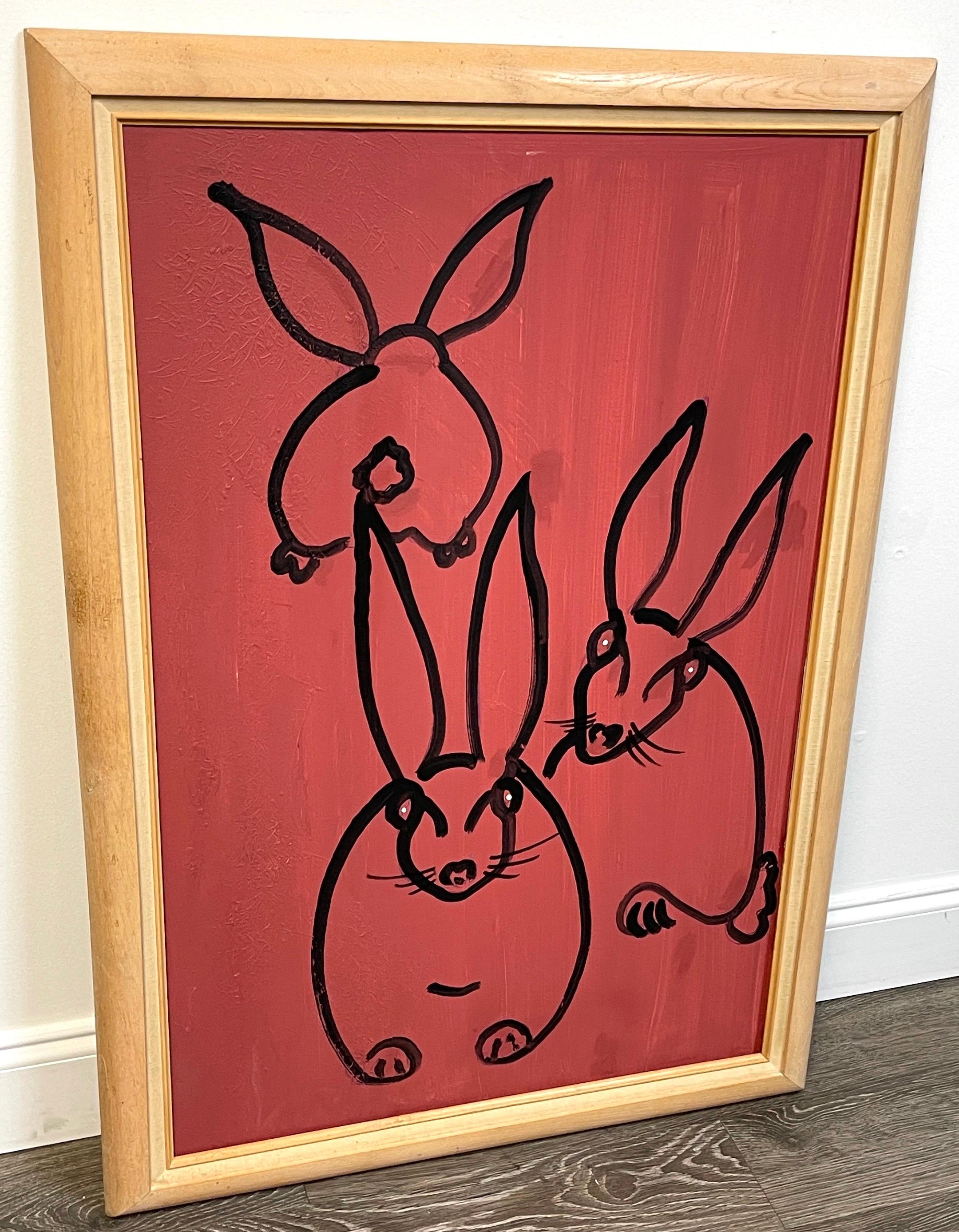 Modern Portrait of Three Rabbits, in the Style of Hunt Slonem In Good Condition For Sale In West Palm Beach, FL