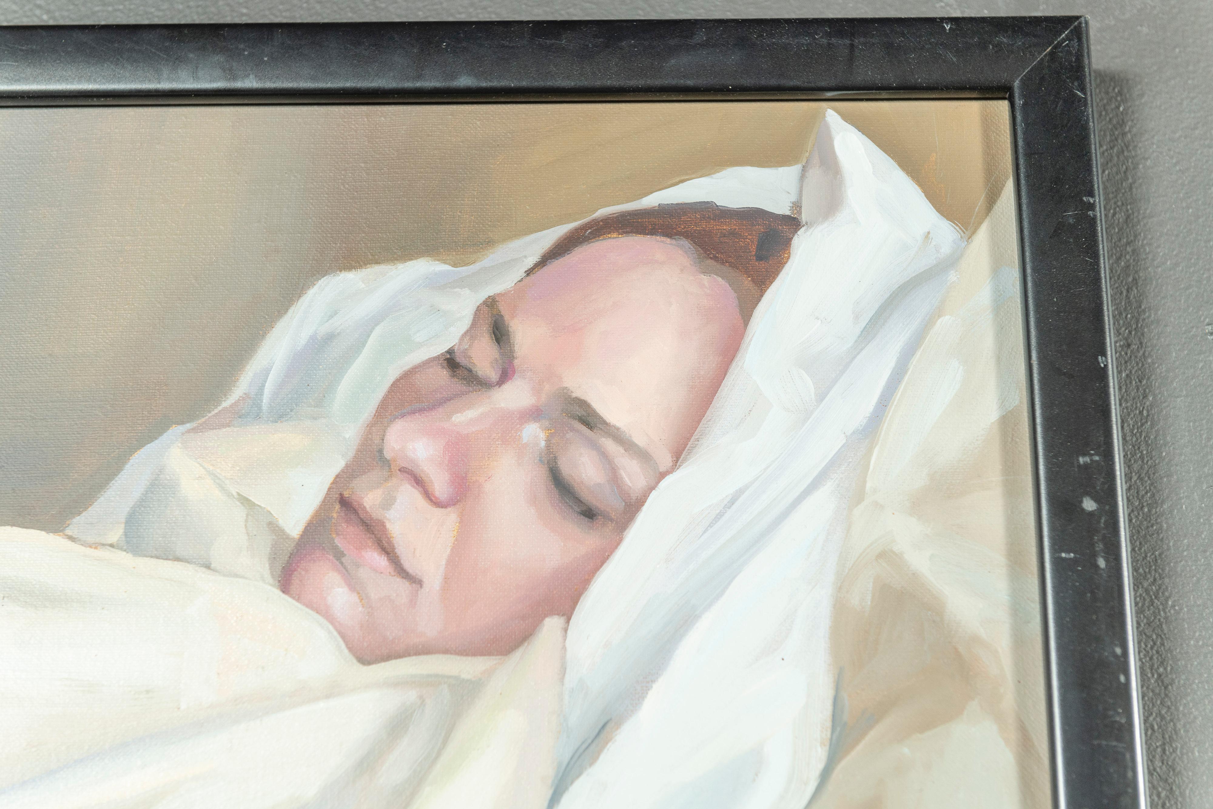 This lovely oil painting, created by Diane Feissel around 2010, depicts a serene scene of a woman peacefully sleeping. The artist has used soft, warm tones to portray the gentle light of dawn.  Her expression is calm, her eyelids gently closed,
