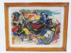 Modern Post-Impressionist Painting Ships in New York Harbor Rattan Frame, 1950s