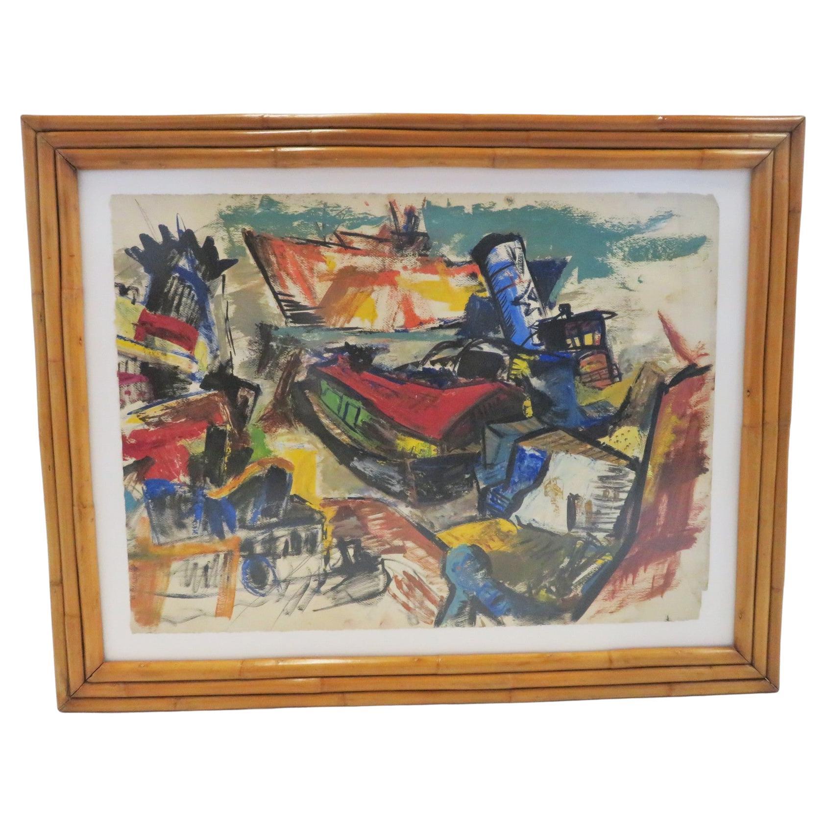 Modern Post-Impressionist Painting Ships in New York Harbor Rattan Frame, 1950s