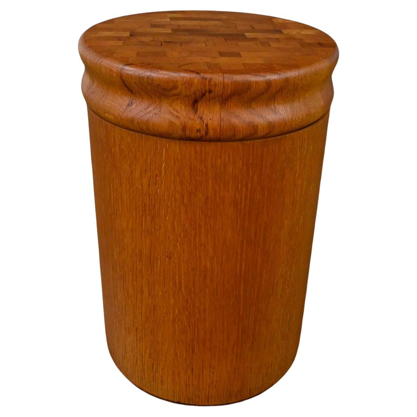 Modern Postmodern Cylindrical Drum Side Table Oak Butcher Block Lid & Storage