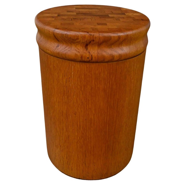 Modern Postmodern Cylindrical Drum Side Table Oak Butcher Block Lid & Storage For Sale
