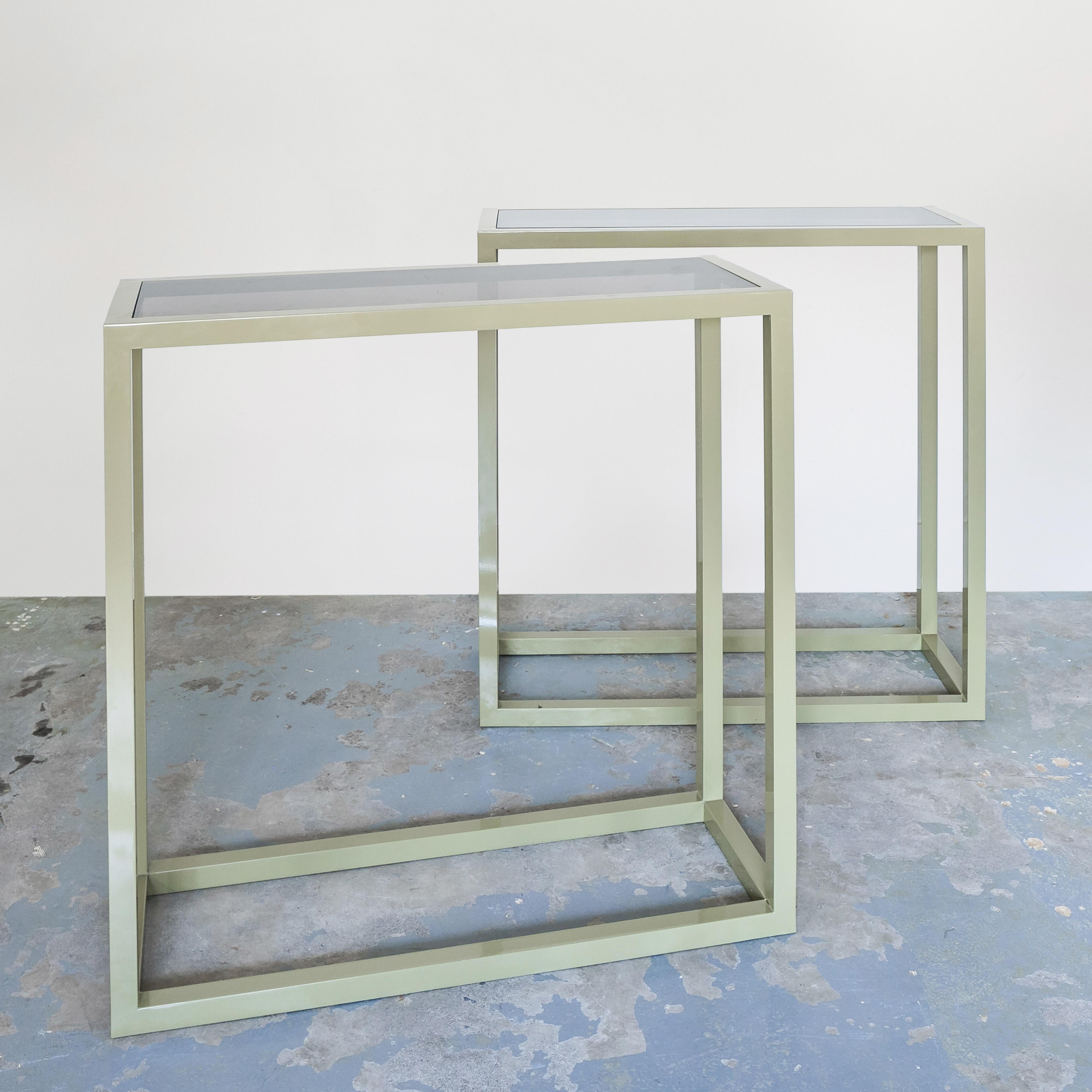 Mid-Century Modern Metal Console Table Powder Coated in a Pale Putty Green.  This Mid Century Parson's style console has a thick dark smoked glass top.  At 42