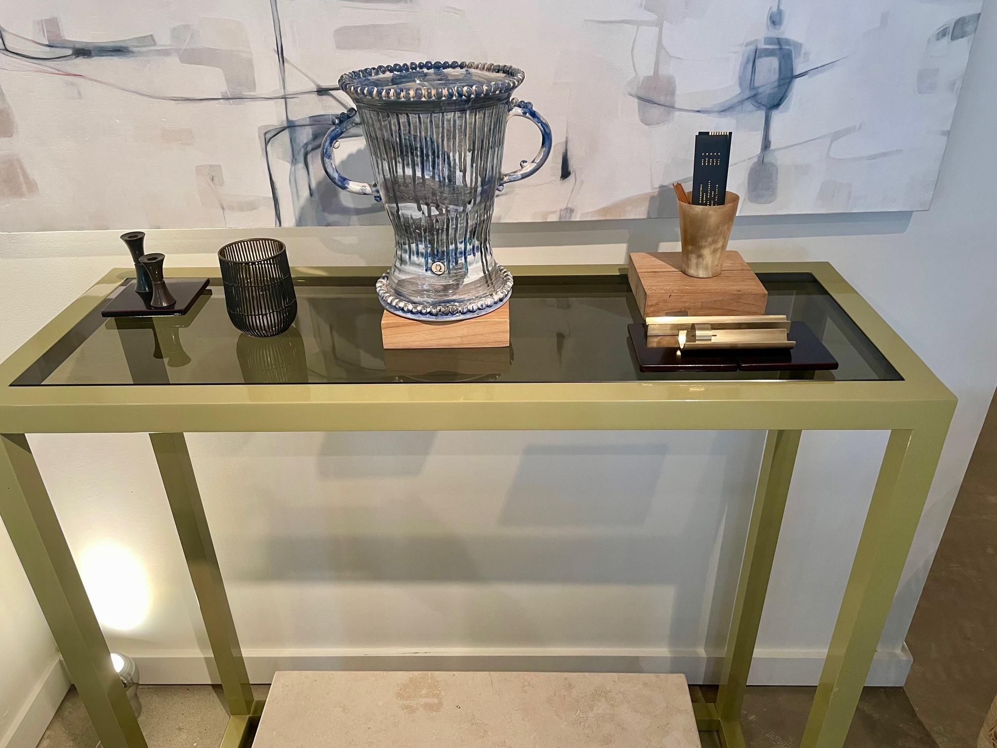 Late 20th Century Modern Powder Coated Metal Console with Smoked Glass Top For Sale