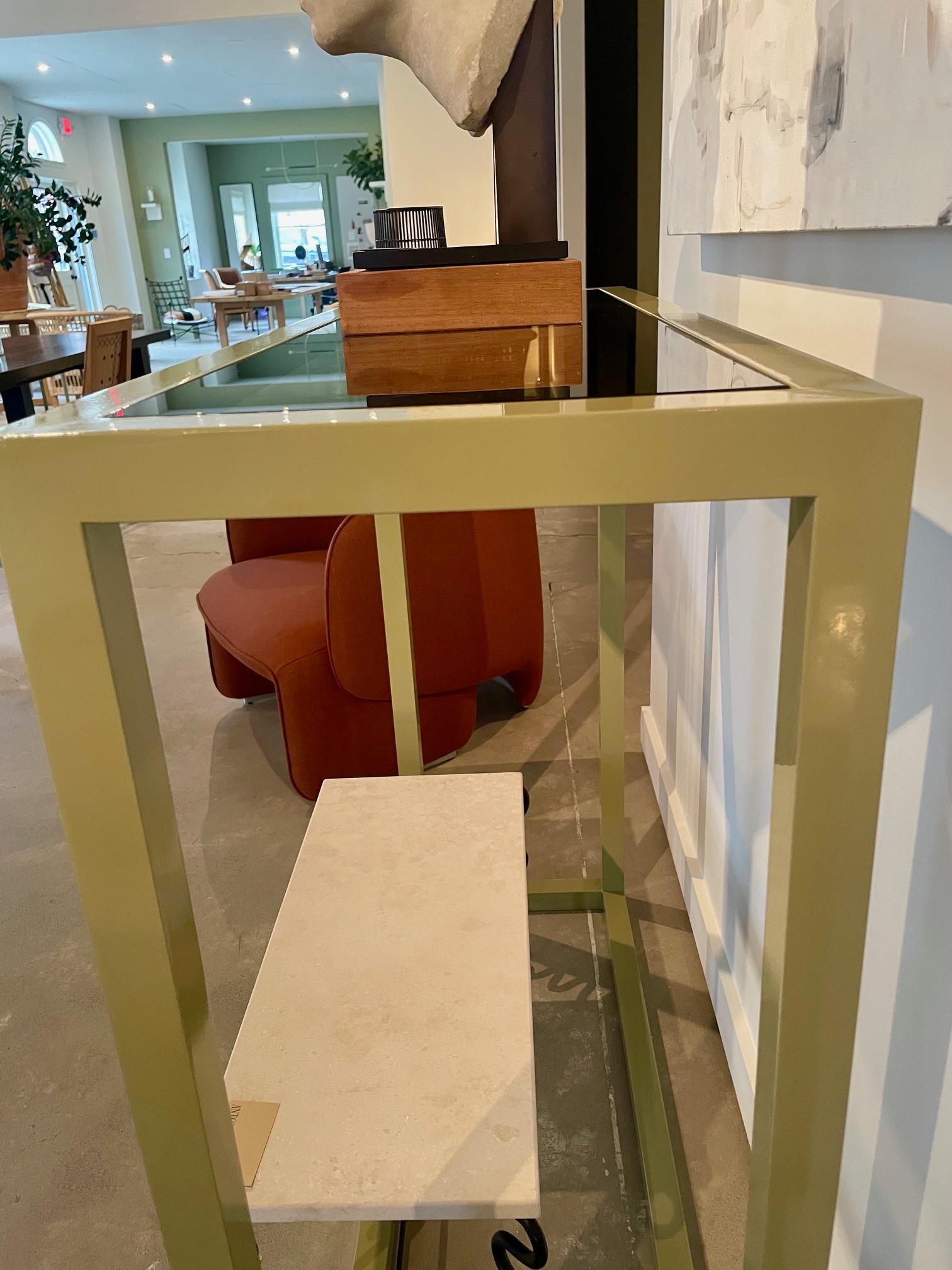 Modern Powder Coated Metal Console with Smoked Glass Top For Sale 1