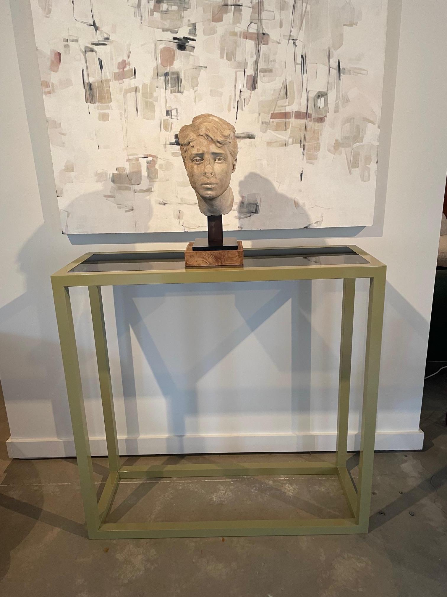 Modern Powder Coated Metal Console with Smoked Glass Top For Sale 2