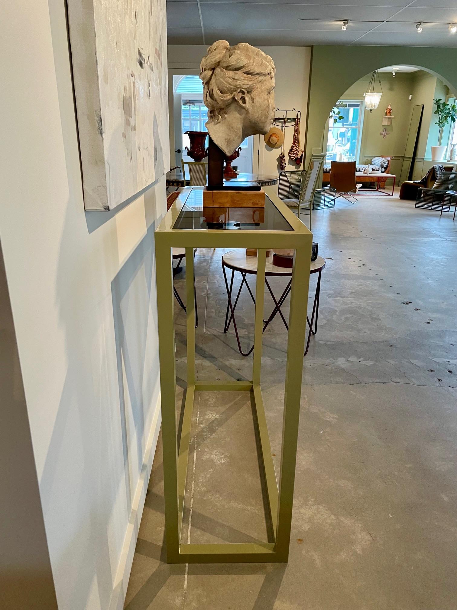 Modern Powder Coated Metal Console with Smoked Glass Top For Sale 4