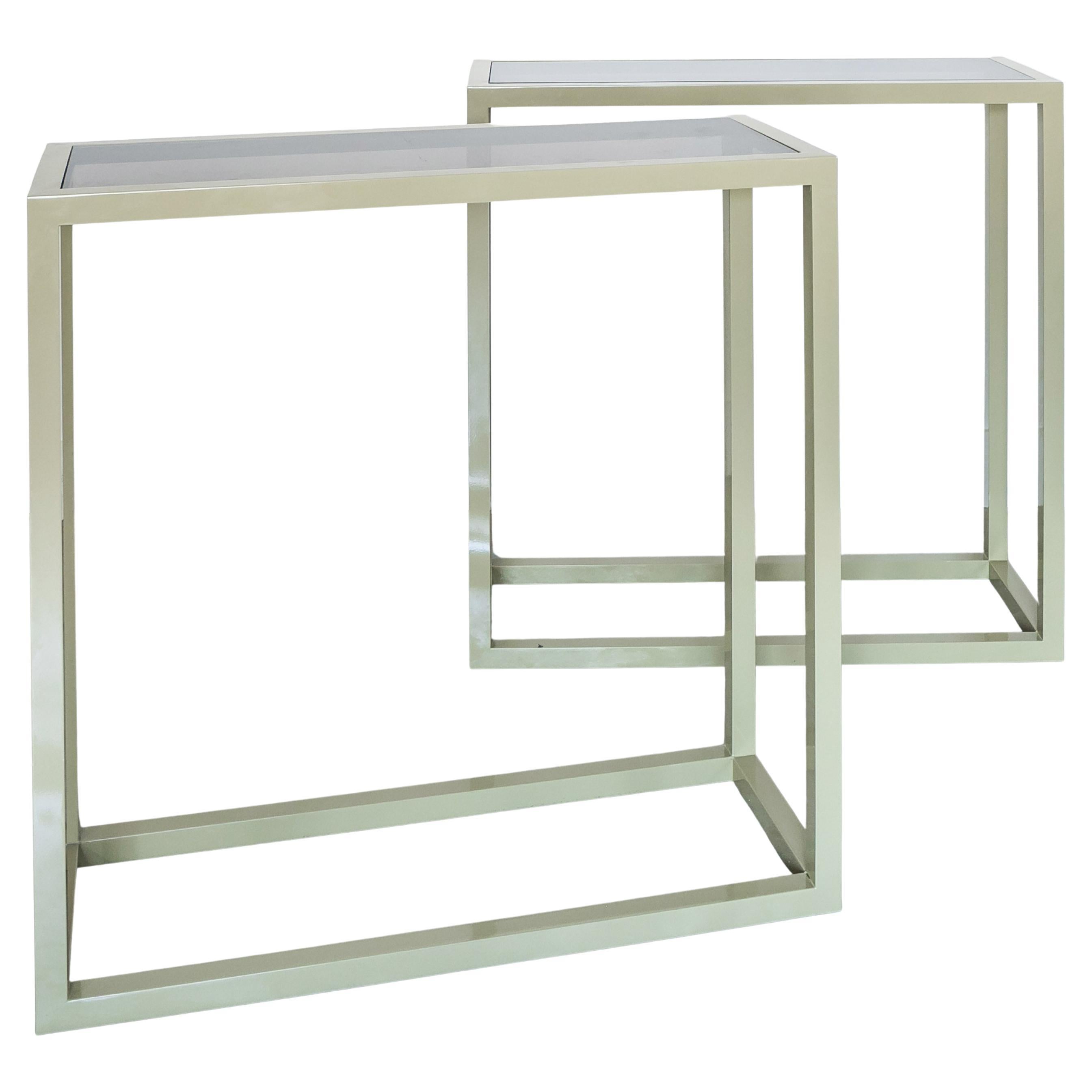 Modern Powder Coated Metal Console with Smoked Glass Top