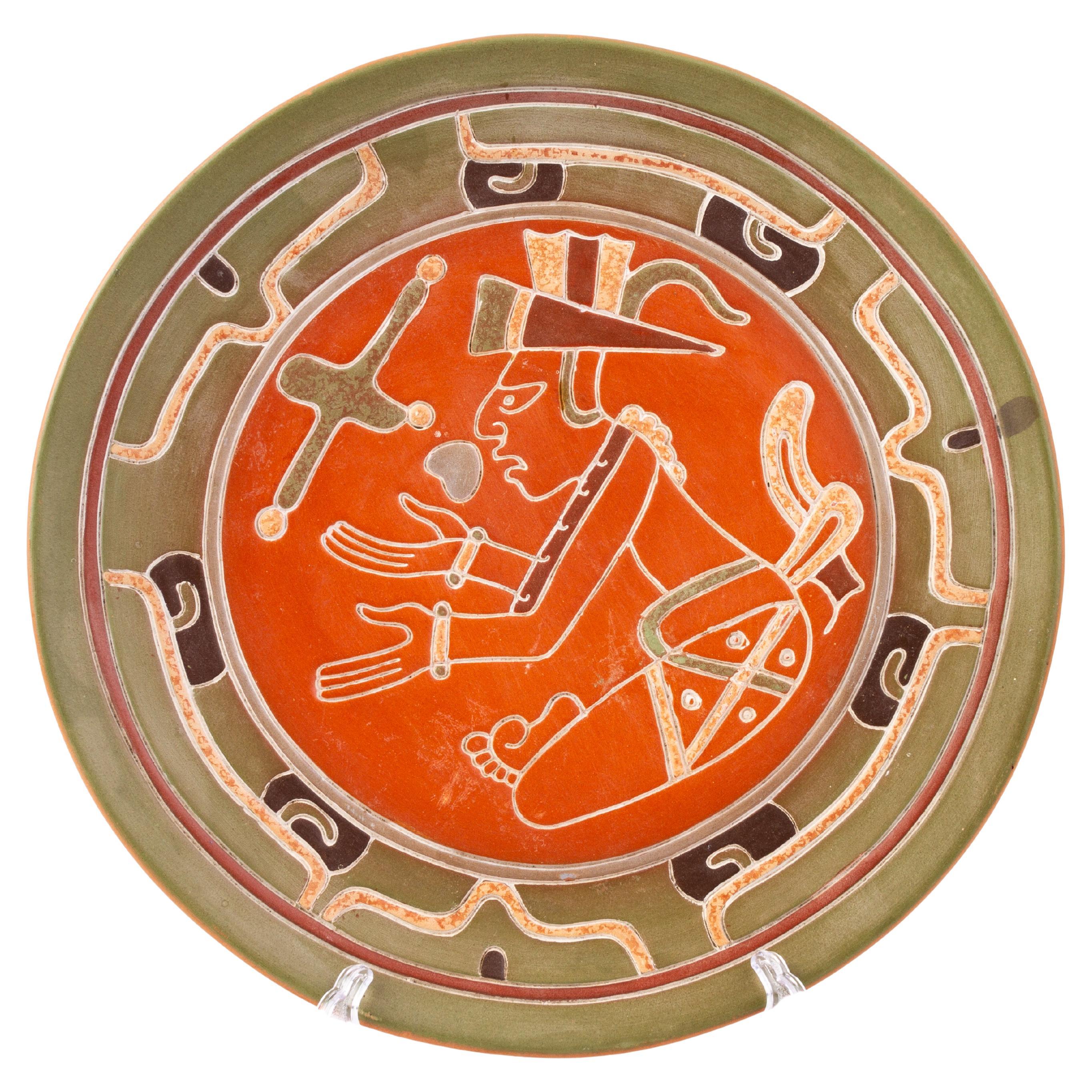 Modern Pre-Columbian Style Mayan Ceramic Pottery Plate For Sale