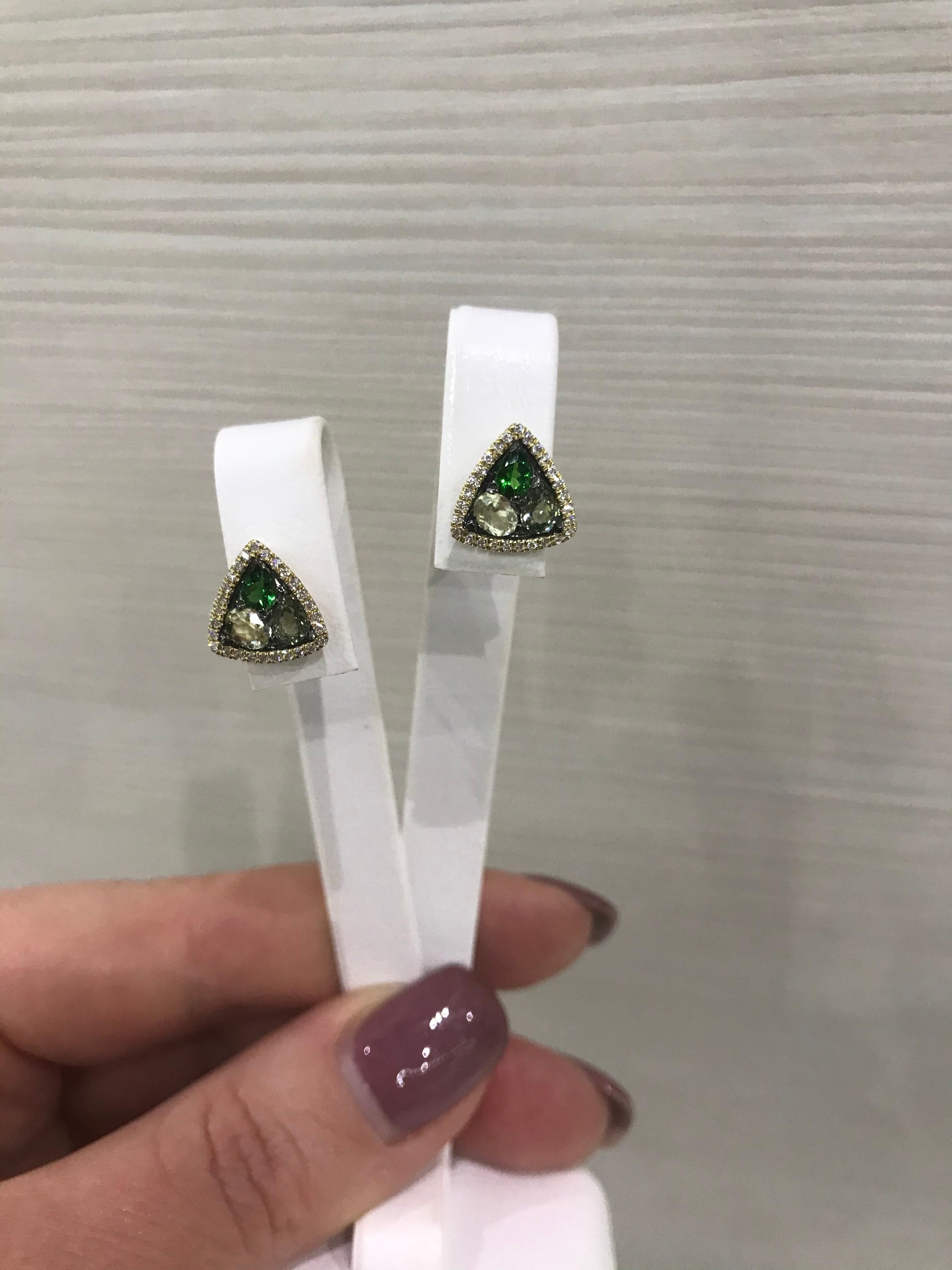 Women's Modern Precious Diamond Green Sapphire Quartz Tsavorite Yellow Gold Earrings For Sale