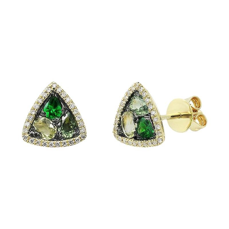 Modern Precious Diamond Green Sapphire Quartz Tsavorite Yellow Gold Earrings