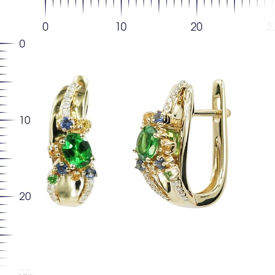 Earrings Yellow Gold 14 K
Diamond 30-Round 57-0,08-5/5A
Tsavorite 1-Round-0,03 1/2A
Blue Sapphire 6-Round-0,13 Т(4)/2A
Yellow Sapphire 6-Round-0,09 1/2A
Tsavorite 2-Oval-0,54 1/2A
Weight 3.6 grams

With a heritage of ancient fine Swiss jewelry