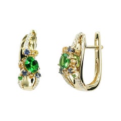 Modern Precious Diamond Tsavorite Yellow / Blue Sapphire Yellow Gold Earrings