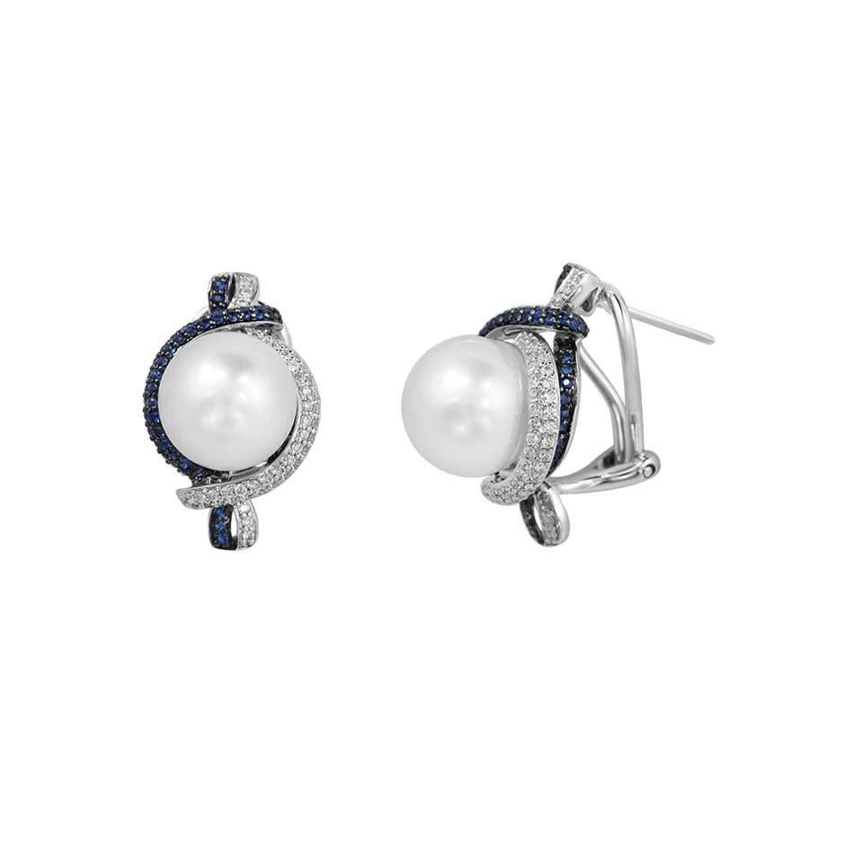 Antique Cushion Cut Modern Precious Pearl Diamond Blue Sapphire Fabulous White Gold Earrings For Sale