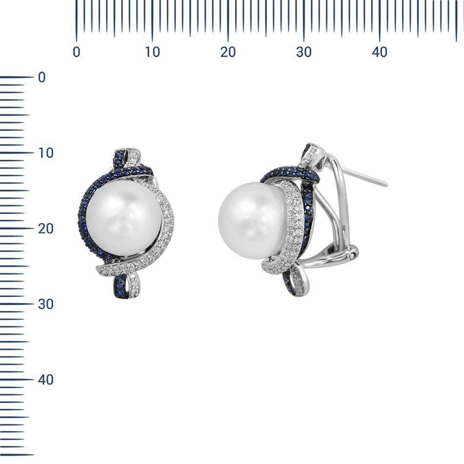 Modern Precious Pearl Diamond Blue Sapphire Fabulous White Gold Earrings In New Condition For Sale In Montreux, CH