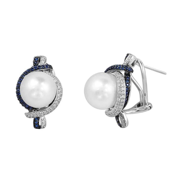 Modern Precious Pearl Diamond Blue Sapphire Fabulous White Gold Earrings For Sale