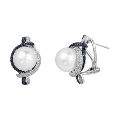 Modern Precious Pearl Diamond Blue Sapphire Fabulous White Gold Earrings