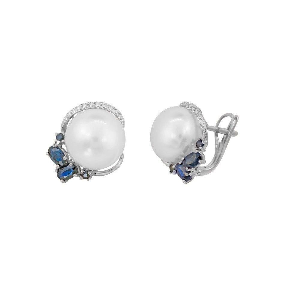 Modern Precious Pearl Diamond Blue Sapphire White Gold Earrings In New Condition For Sale In Montreux, CH