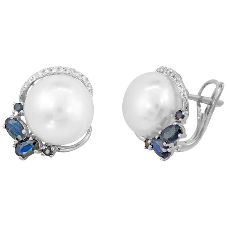 Modern Precious Pearl Diamond Blue Sapphire White Gold Earrings For Sale