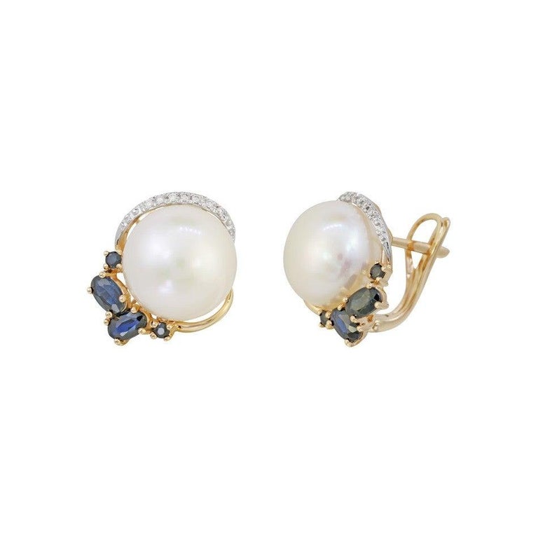 Antique Cushion Cut Modern Precious Pearl Diamond Blue Sapphire Yellow Gold Earrings For Sale