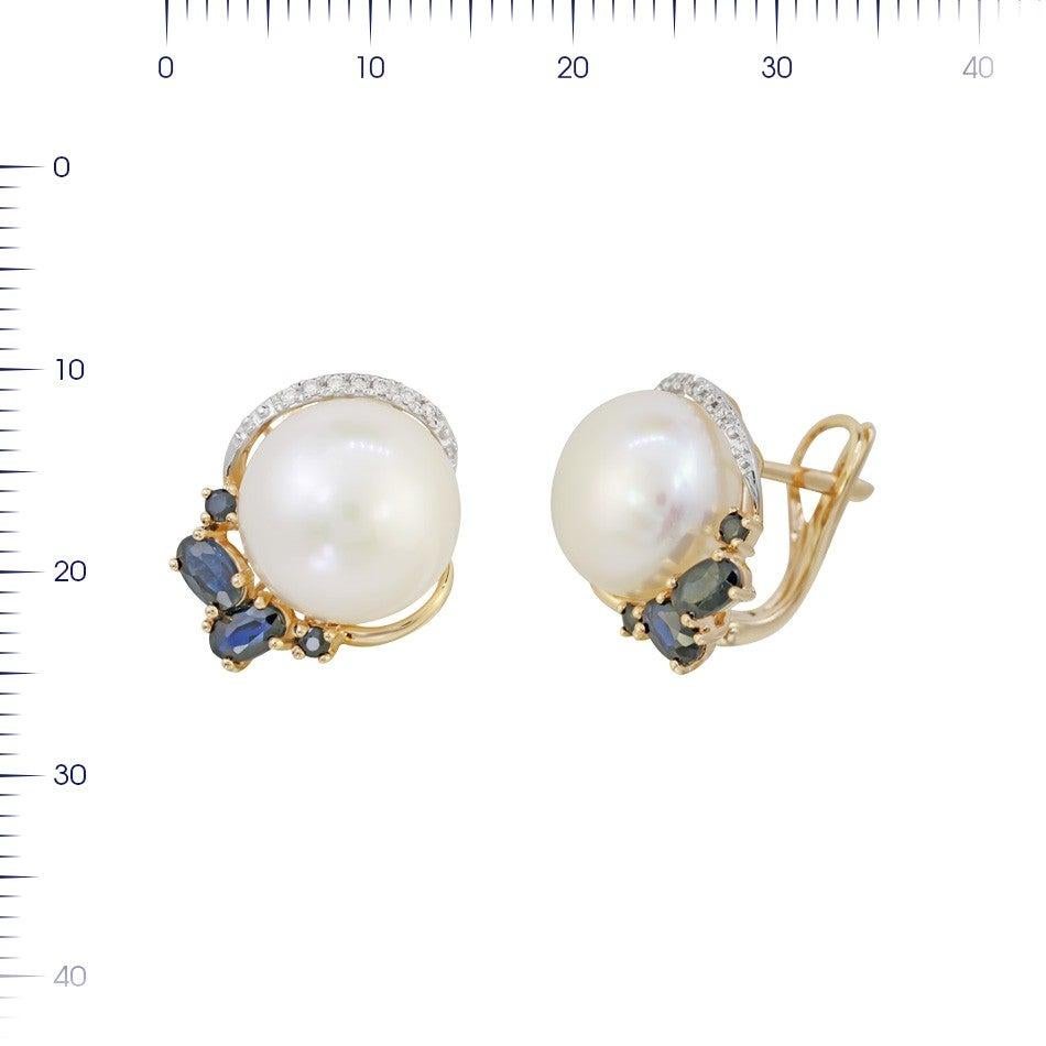 Antique Cushion Cut Modern Precious Pearl Diamond Blue Sapphire Yellow Gold Earrings For Sale