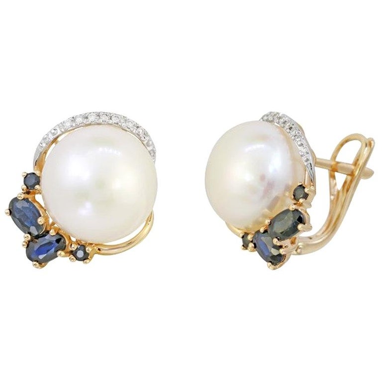 Modern Precious Pearl Diamond Blue Sapphire Yellow Gold Earrings For Sale
