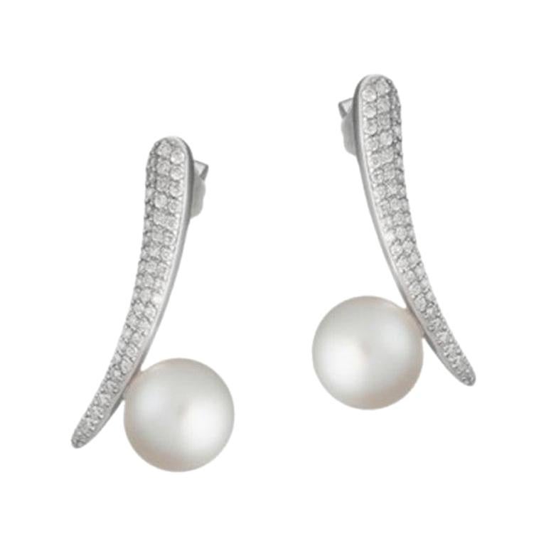 Modern Precious Pearl Diamond Drop Fabulous White Gold Dangle Earrings For Sale