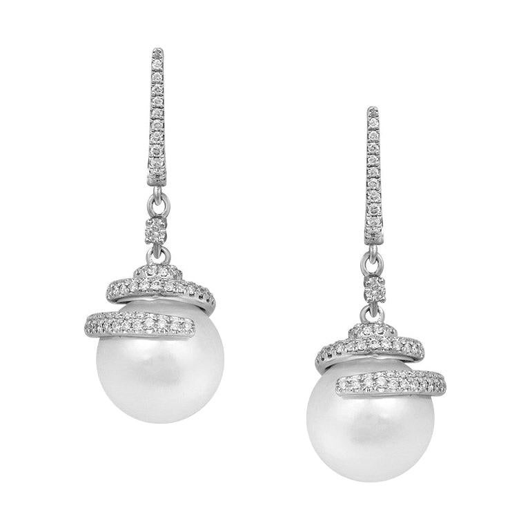 Moderne moderne Perlen-Diamant-Tropfen-Ohrringe aus Weißgold