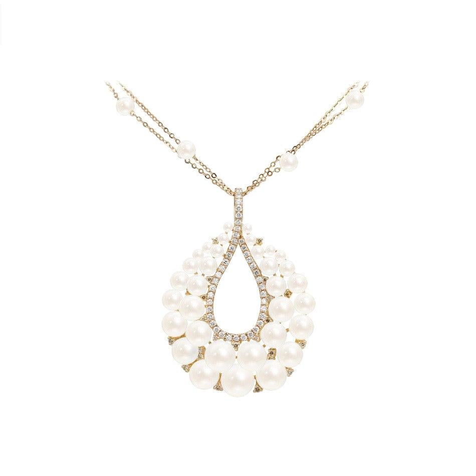 Modern Precious Pearl Diamond Fabulous Yellow Gold 18 Karat Necklace For Sale