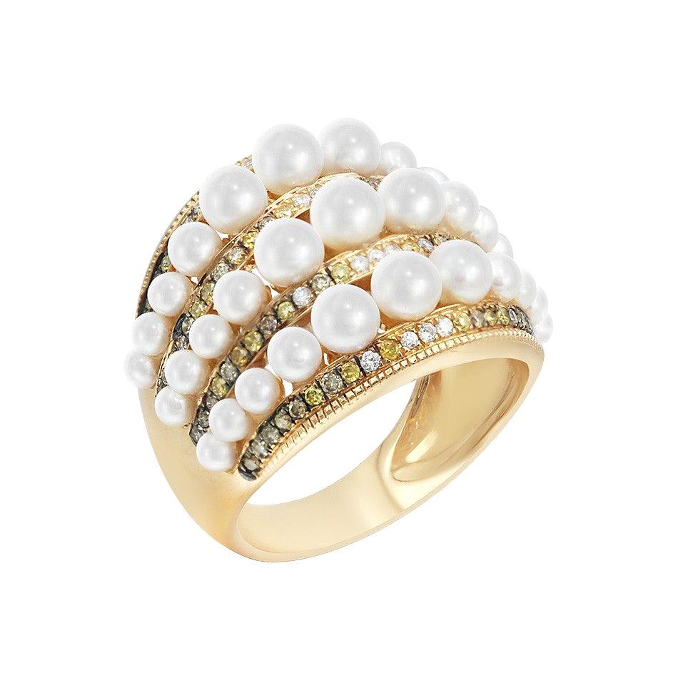 Bague moderne en or jaune 18 carats avec perles précieuses et diamants fabuleux