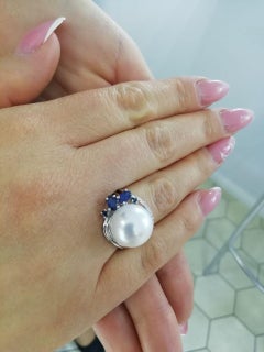 Modern Precious Pearl White Diamond Blue Sapphire White Gold Ring