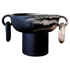 Modern PreColumbian Inspired Resin Black and Transparent Pedestal Bowl