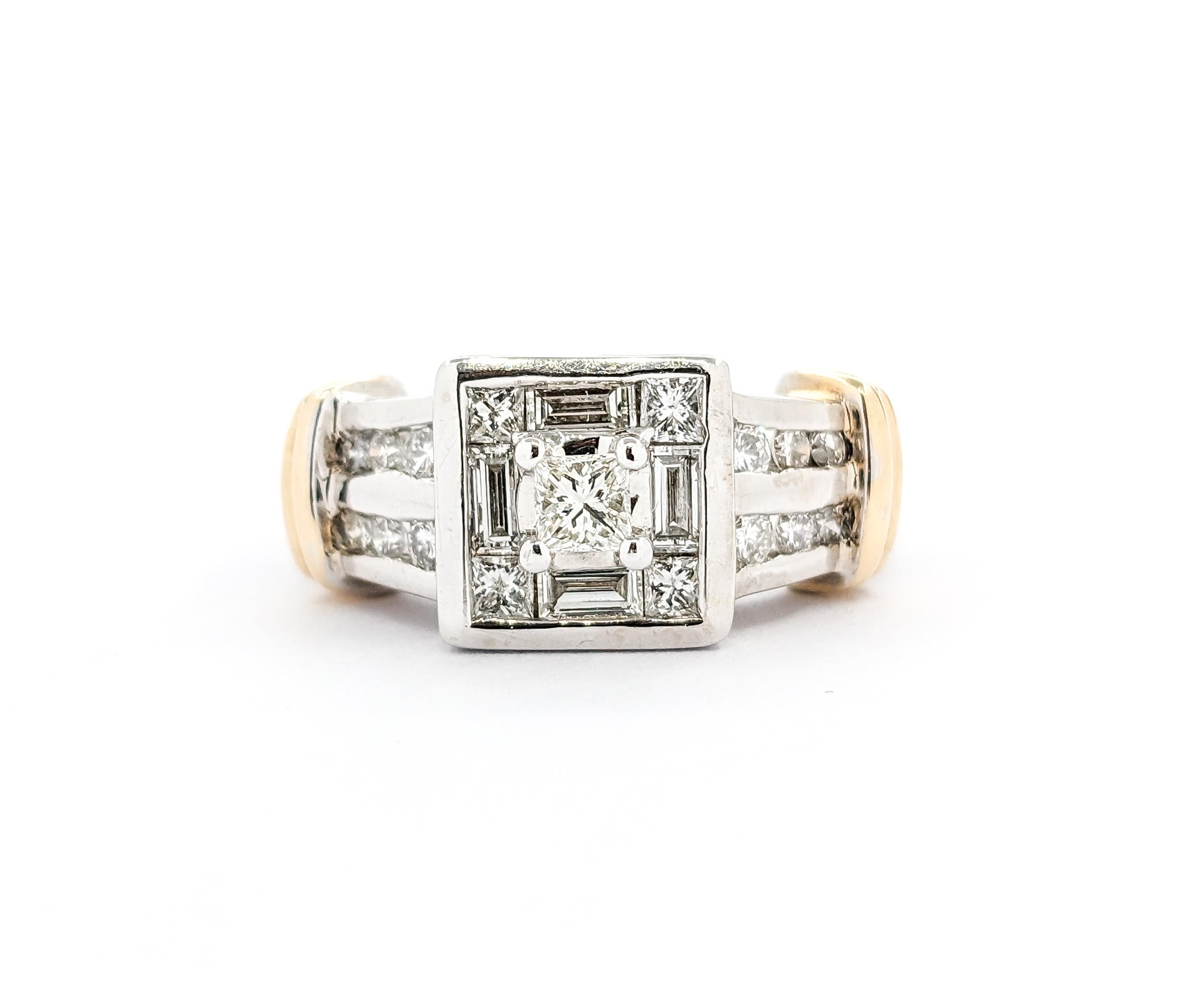 Moderner Verlobungsring mit Prinzessin, Baguette und rundem Diamant 5