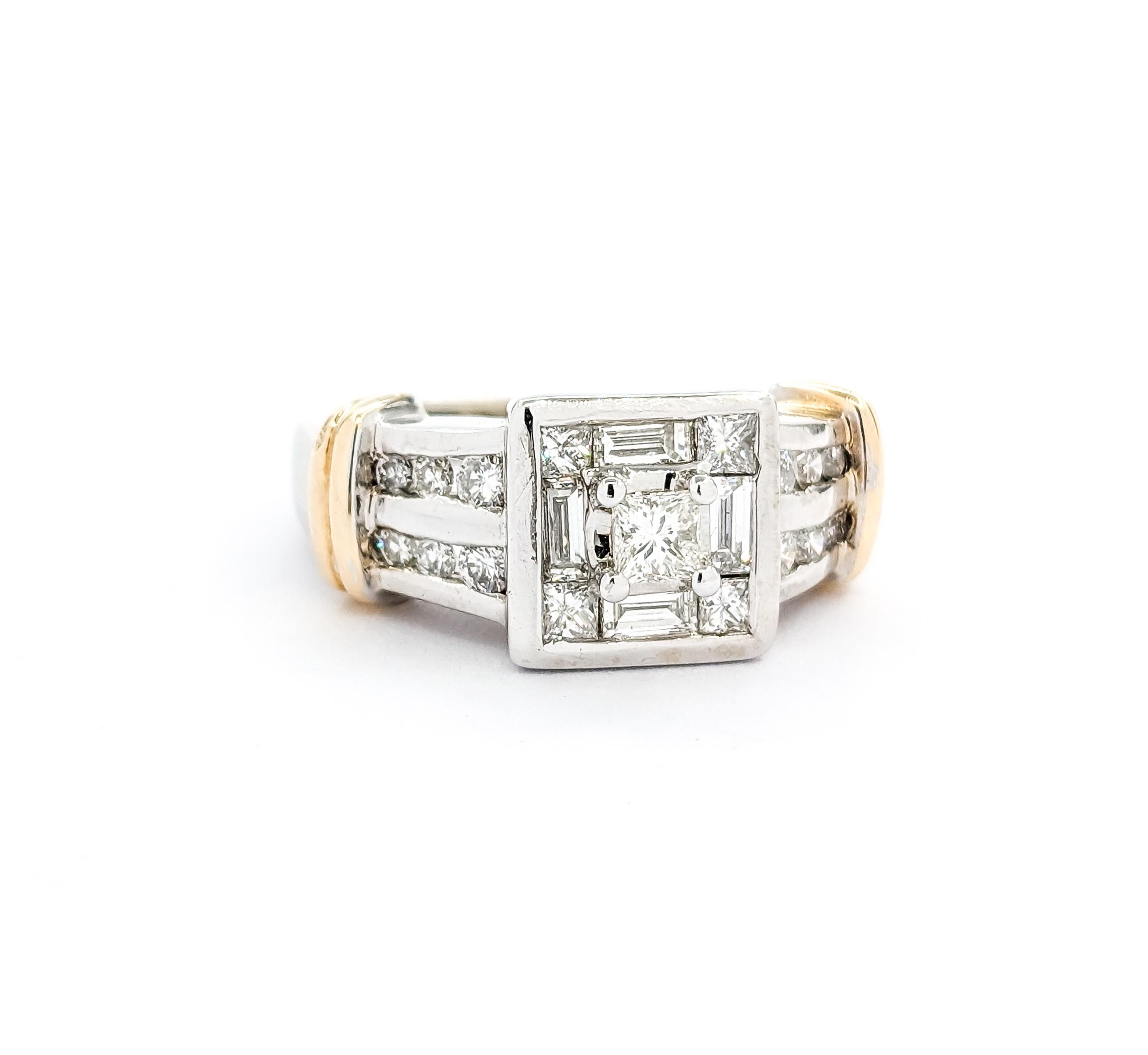Moderner Verlobungsring mit Prinzessin, Baguette und rundem Diamant 1