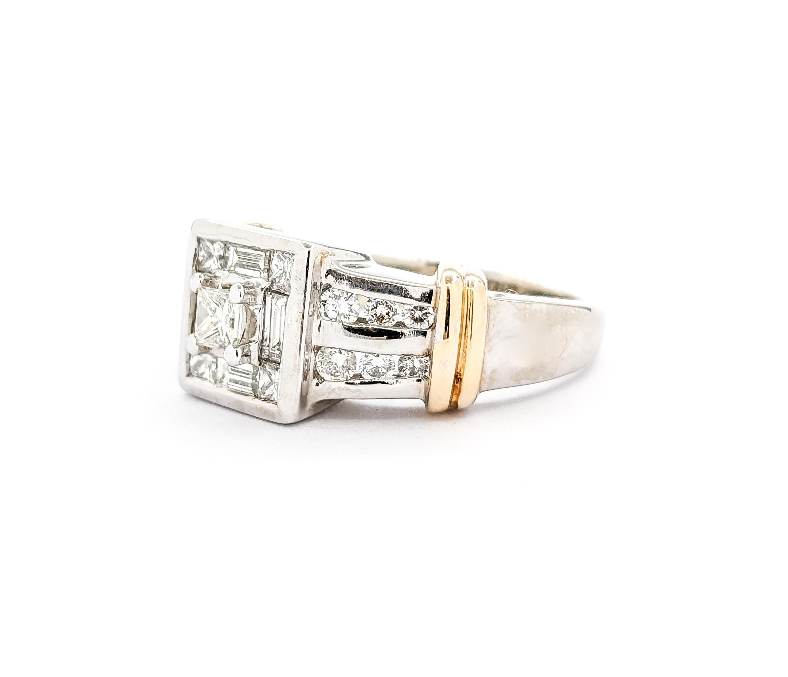 Moderner Verlobungsring mit Prinzessin, Baguette und rundem Diamant 3