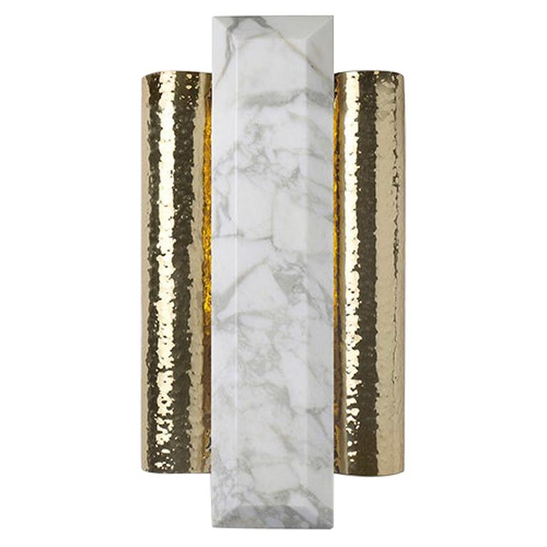 Modern Prom Wall Sconce in Hammered Polished Brass, White Calacatta Marble