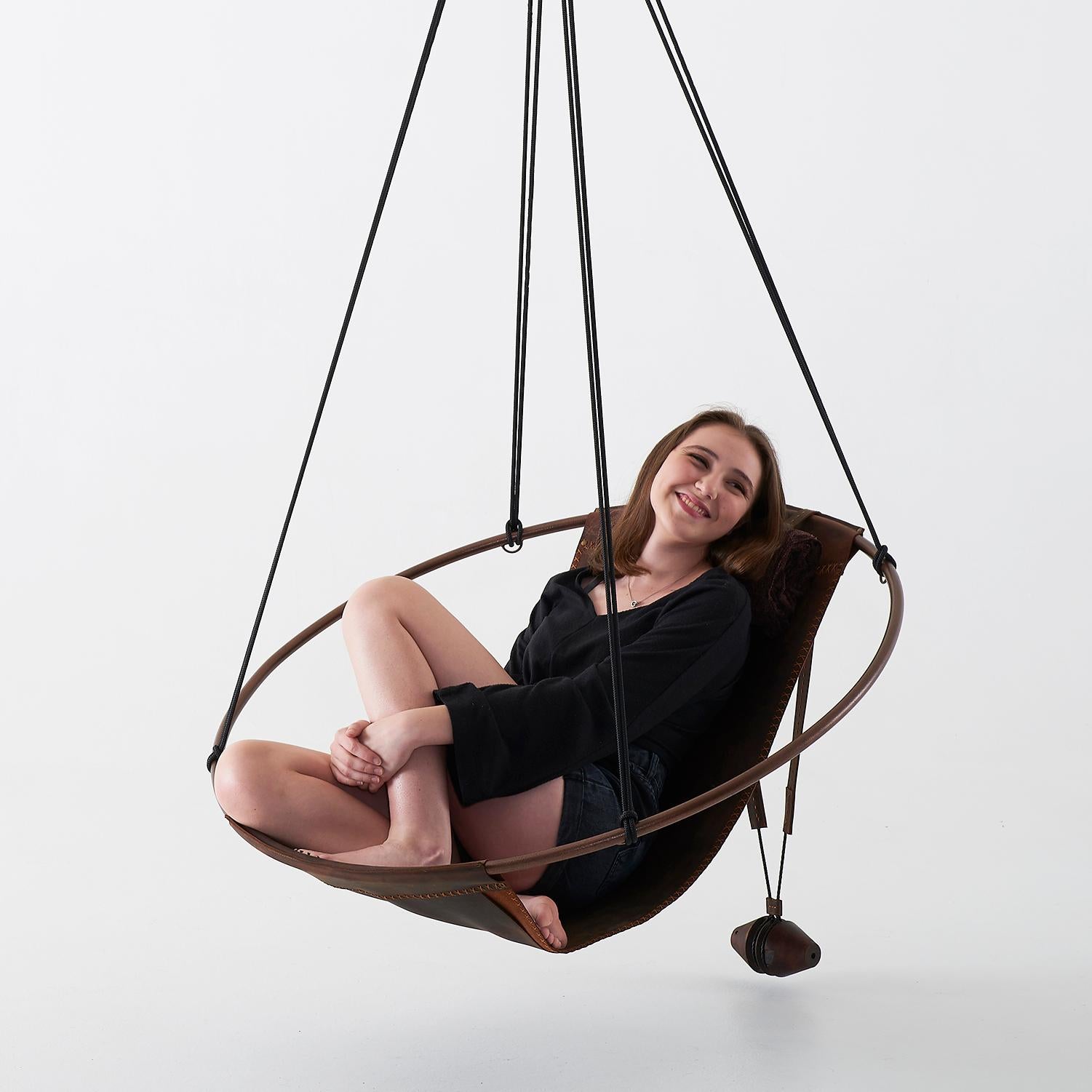 Modern Pull Up Leather Sling Hanging Swing Lounge Chair For Sale 2