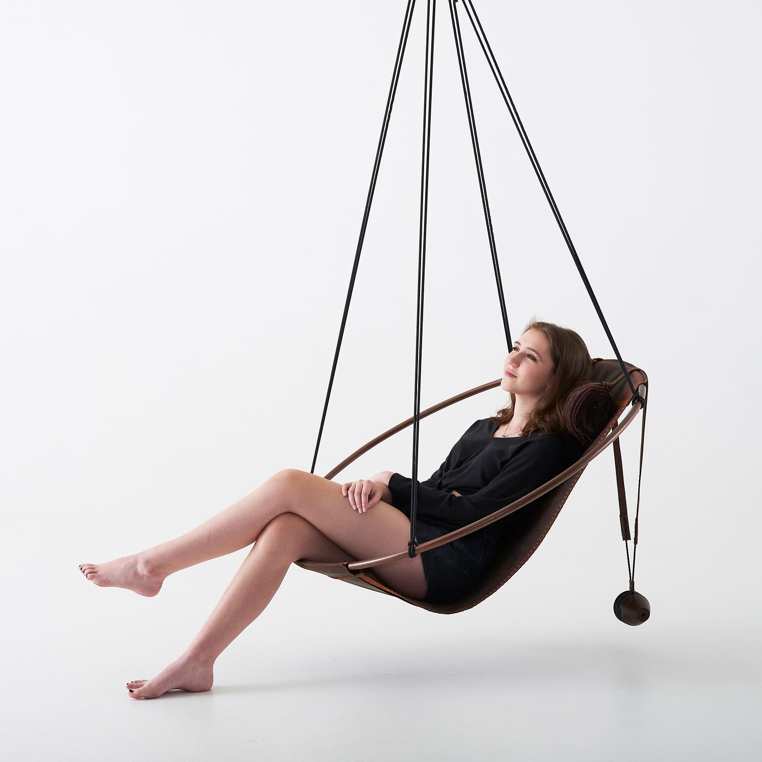 Modern Pull Up Leather Sling Hanging Swing Lounge Chair For Sale 4