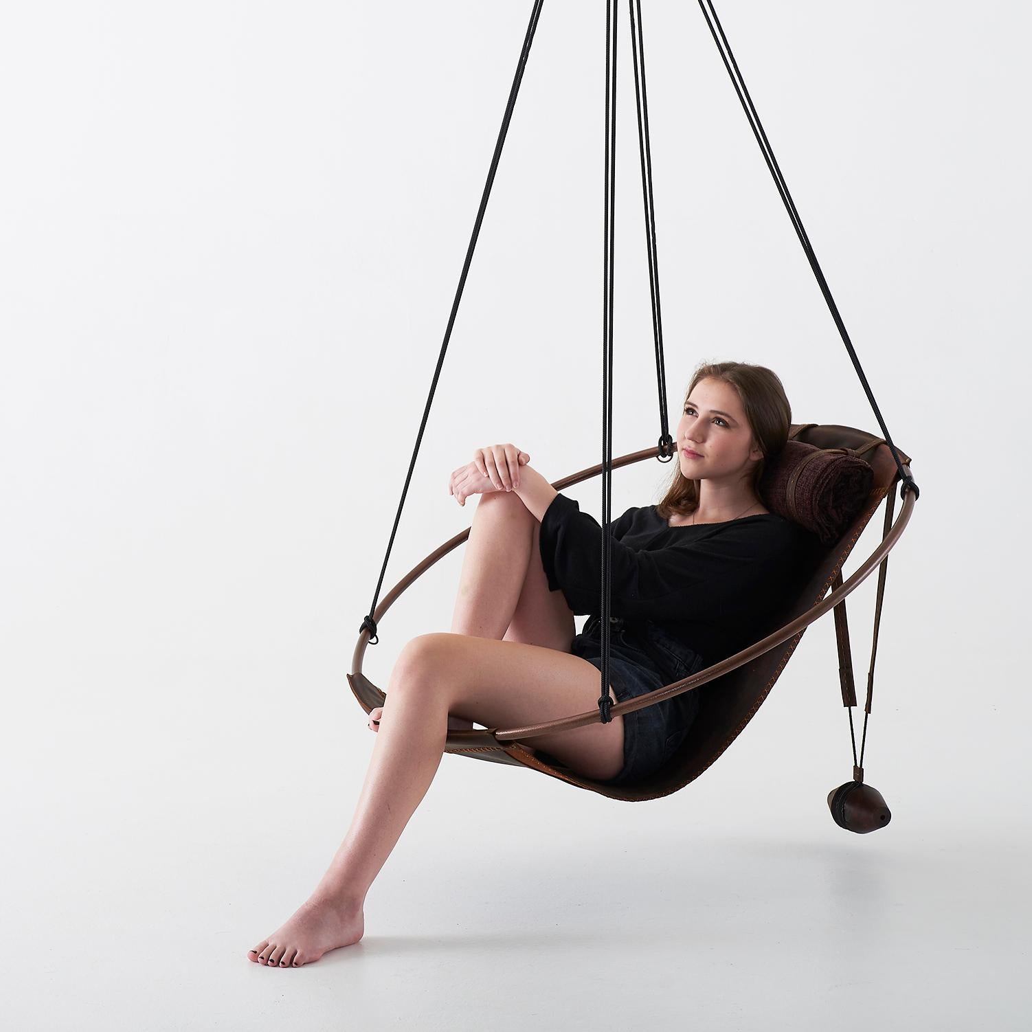 Modern Pull Up Leather Sling Hanging Swing Lounge Chair For Sale 1