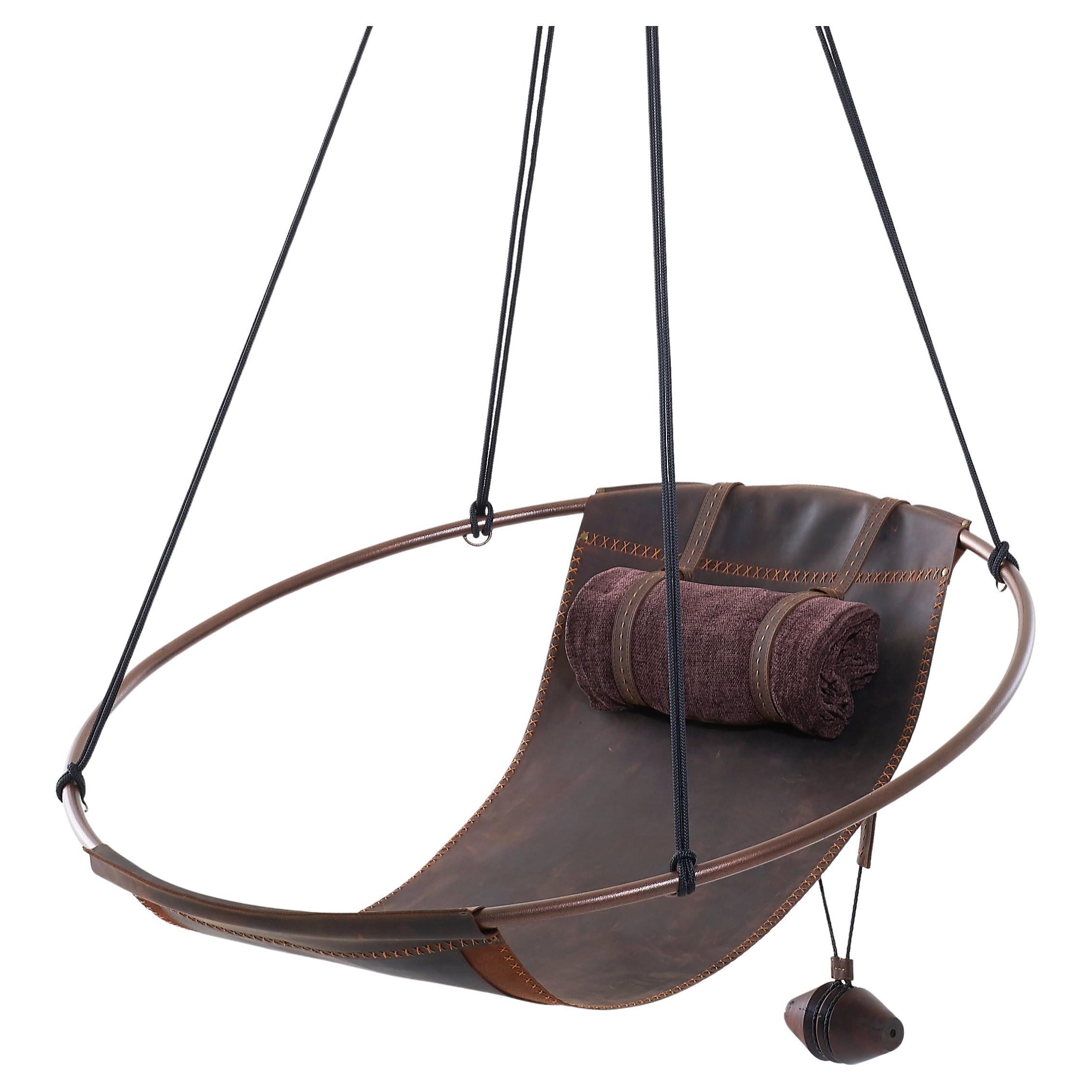 Modern Pull Up Leather Sling Hanging Swing Lounge Chair For Sale