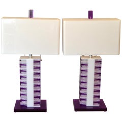 Modern Purple and White Lucite Table Lamps with Shades, a Pair