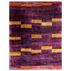 Modern Purple Plum Gold Natural Silk Hand Woven Rug in Stock