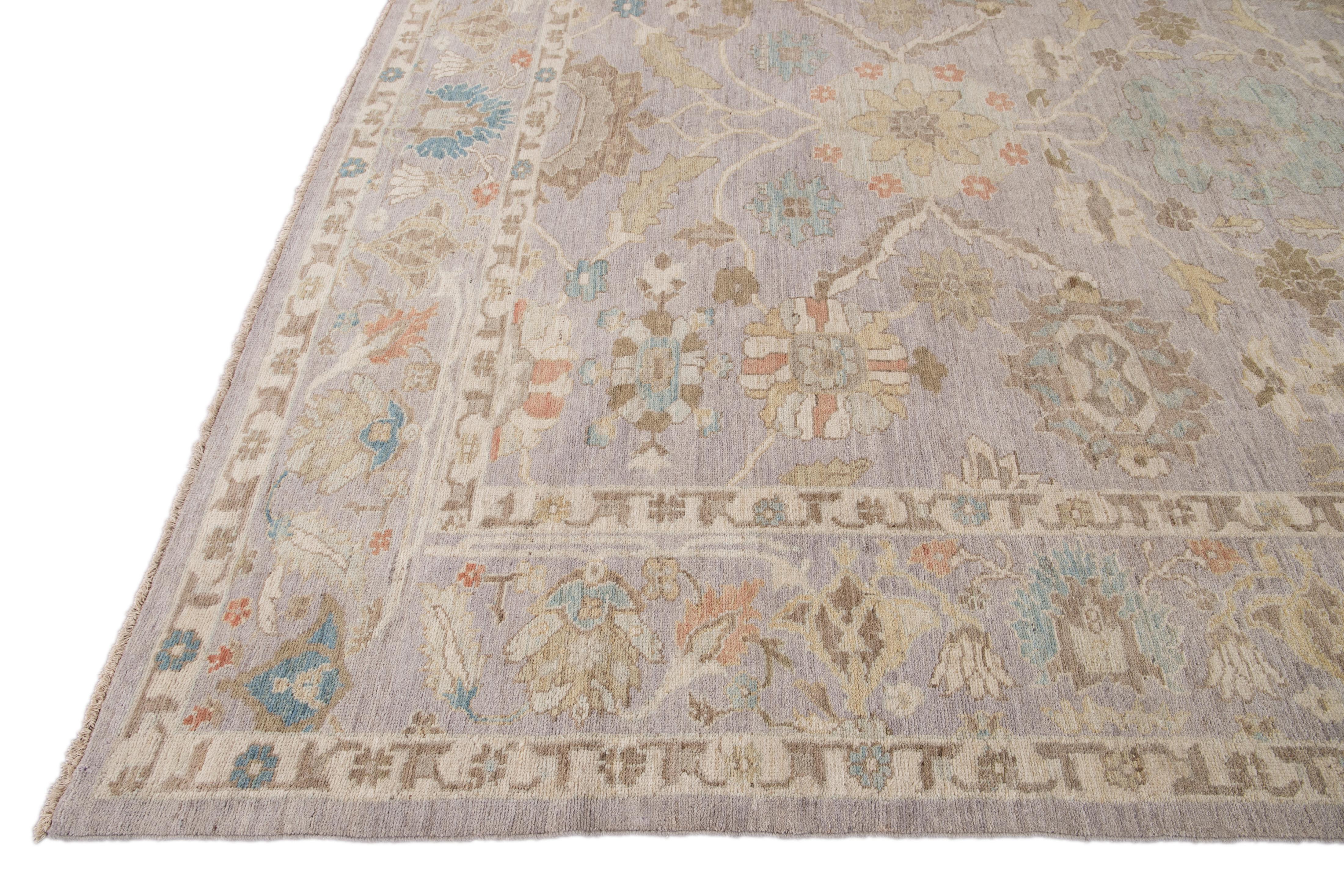 Hand-Knotted Modern Purple Sultanabad Handmade Floral Wool Rug For Sale