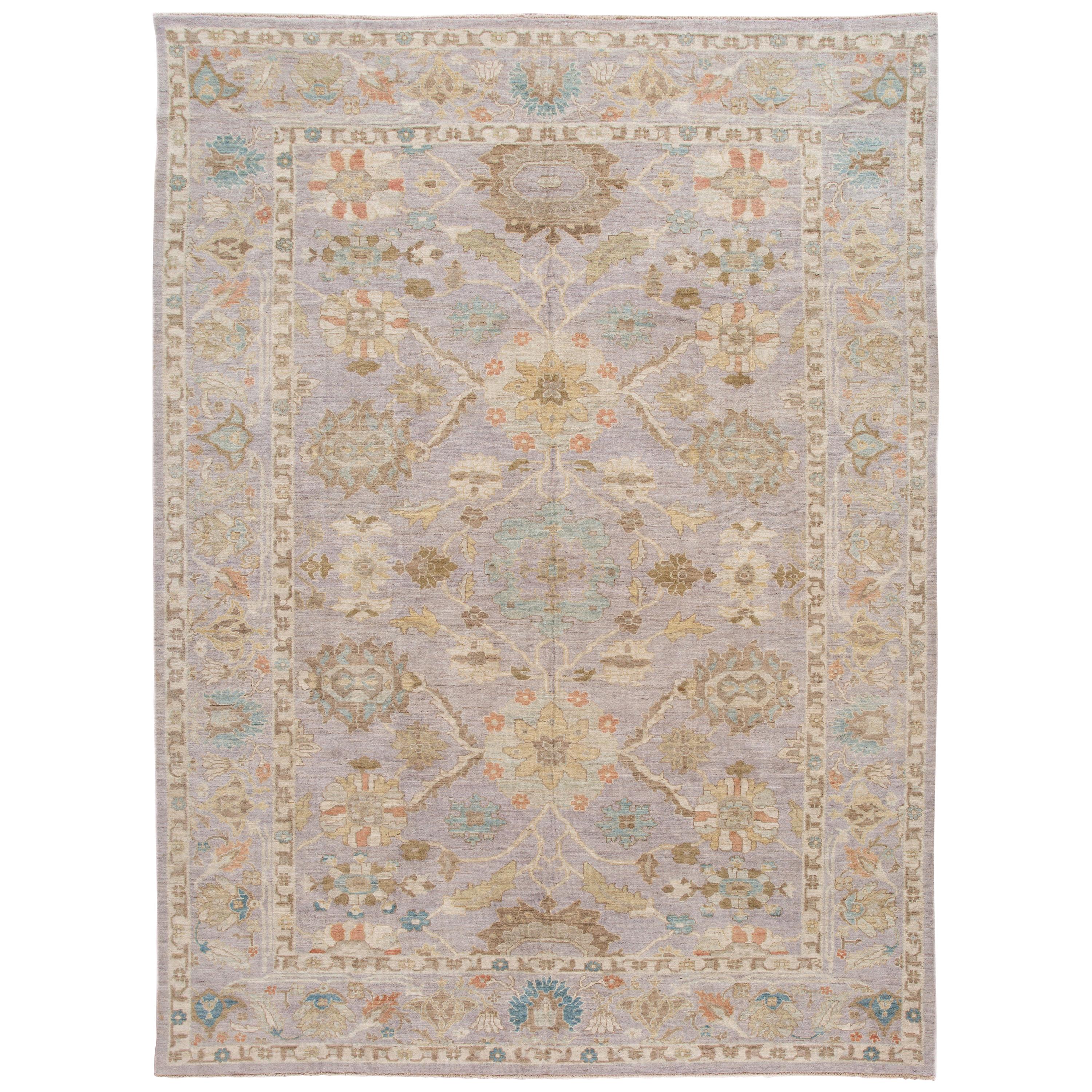 Modern Purple Sultanabad Handmade Floral Wool Rug For Sale