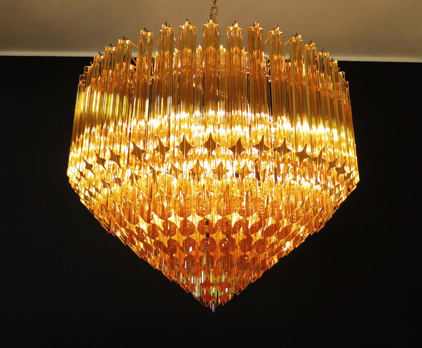 Blown Glass Modern Quadriedri Murano Glass Chandelier, 265 Amber Prism, Gold Frame For Sale
