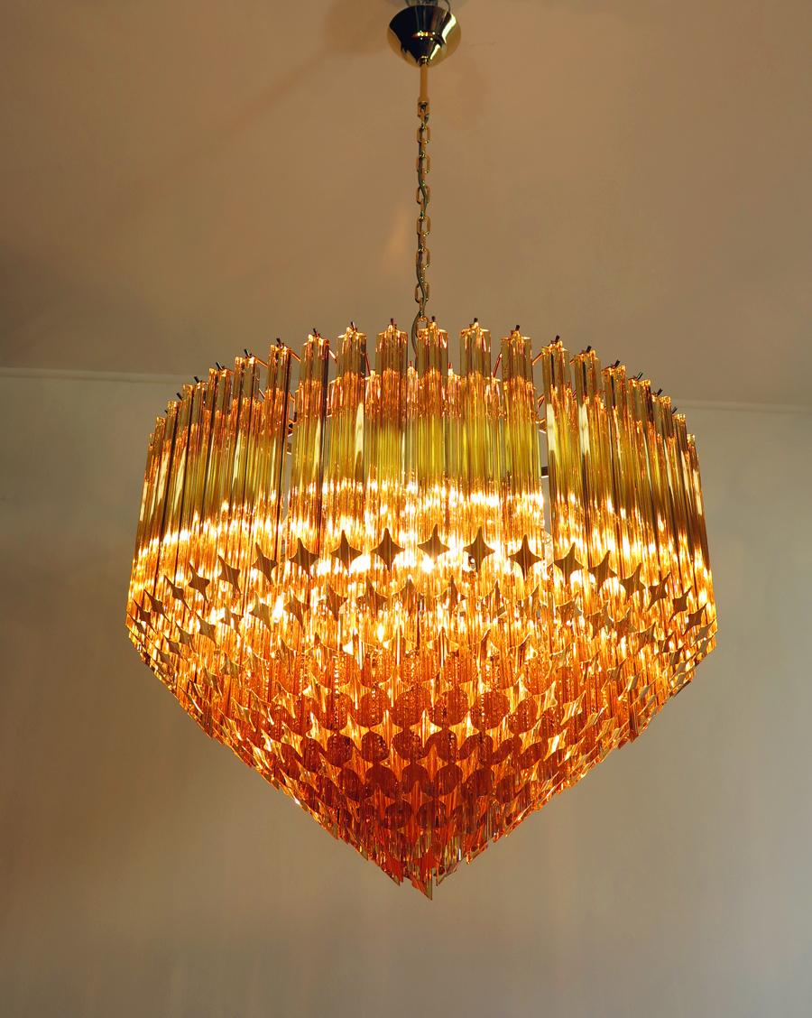 Modern Quadriedri Murano Glass Chandelier, 265 Amber Prism, Gold Frame In Excellent Condition For Sale In Gaiarine Frazione Francenigo (TV), IT